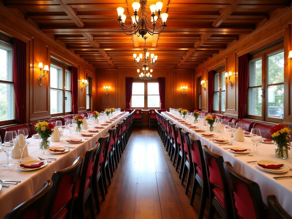 Wnętrze restauracji przygotowane pod eleganckie przyjęcie